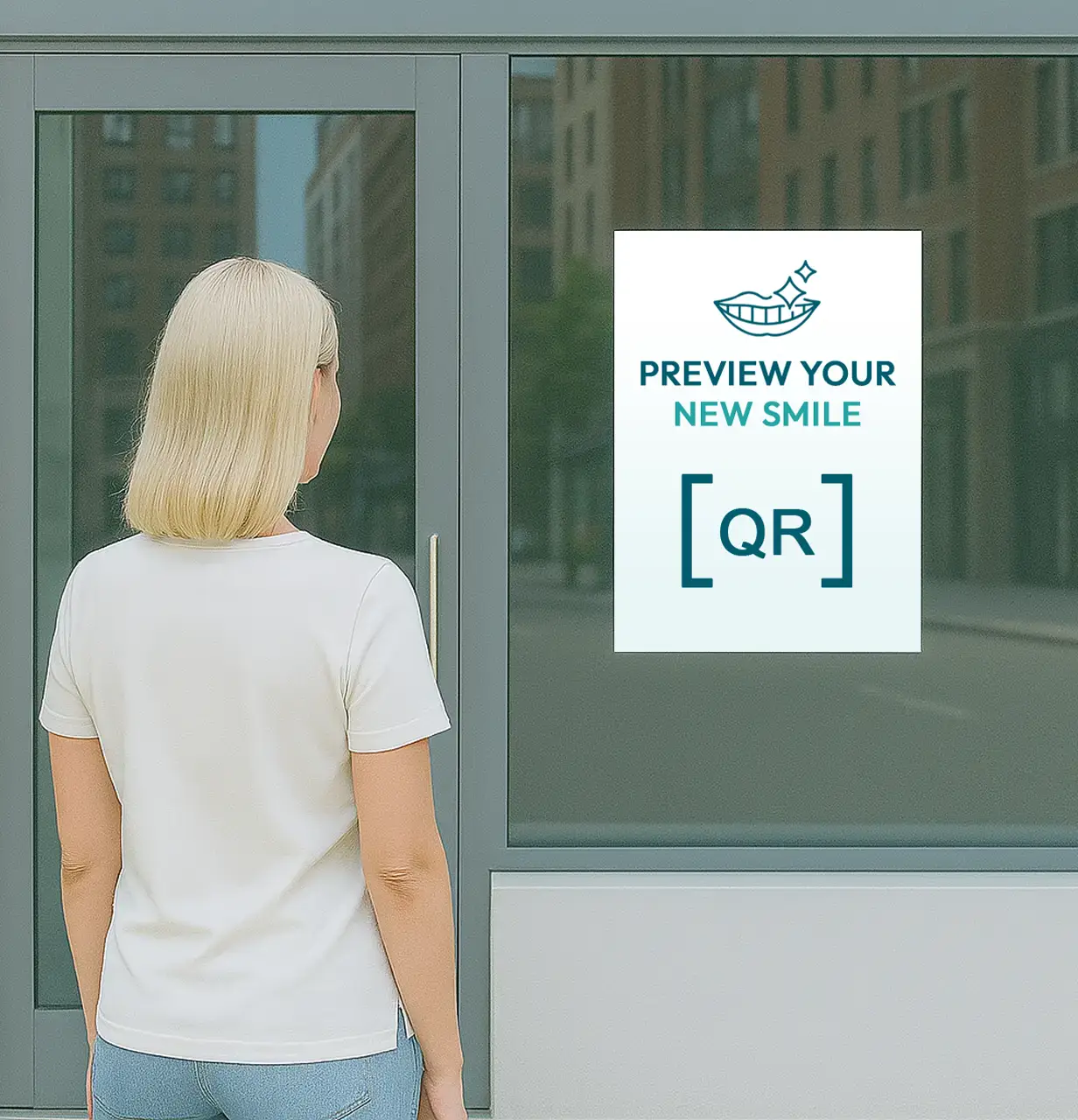 Woman standing outside a dental office looking at a poster that says “Free Smile Simulations” with a QR code linked to the Dentrino Leads app.