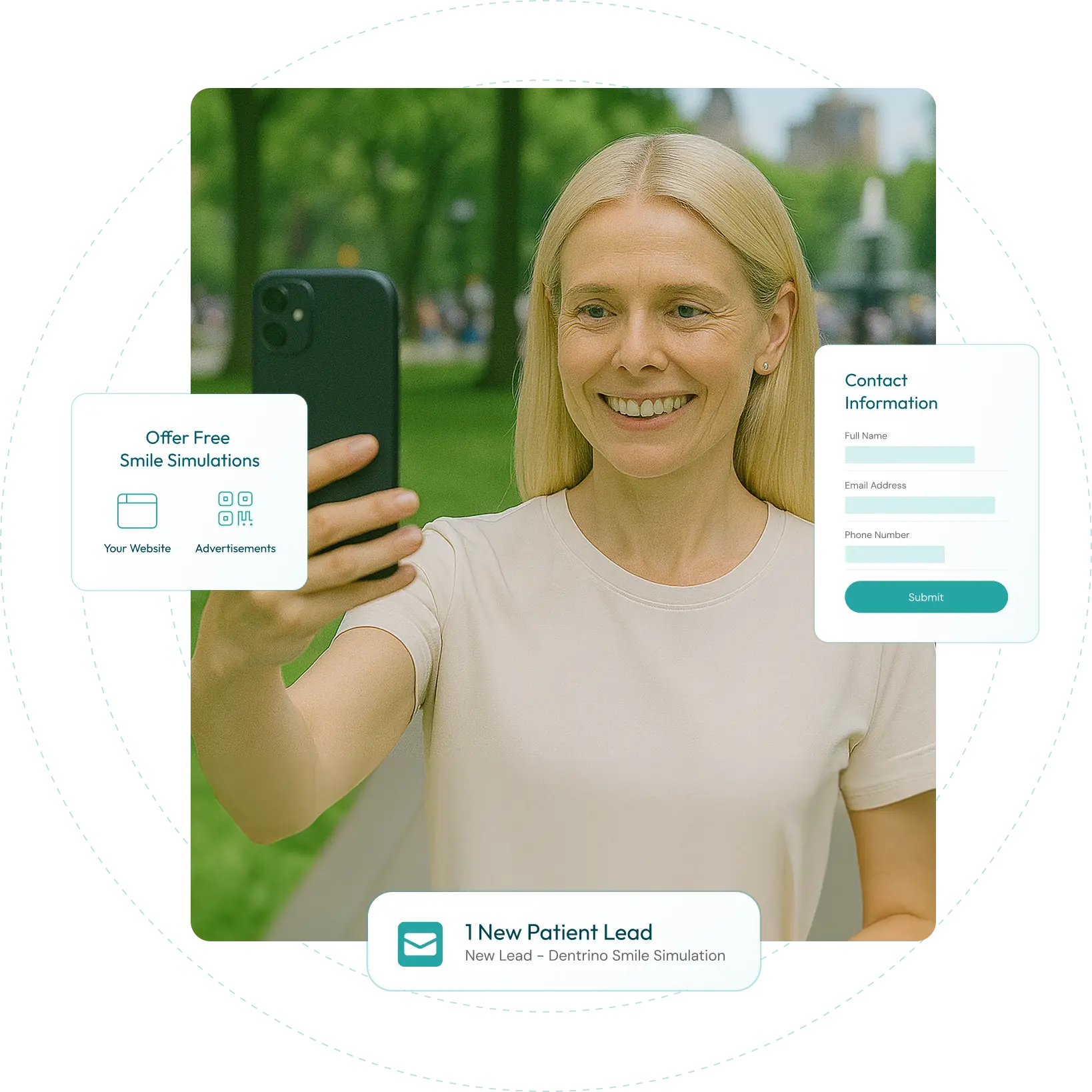 Woman taking a selfie on her smartphone using the Dentrino Leads web portal for self-serve smile simulations and new patient lead capture.
