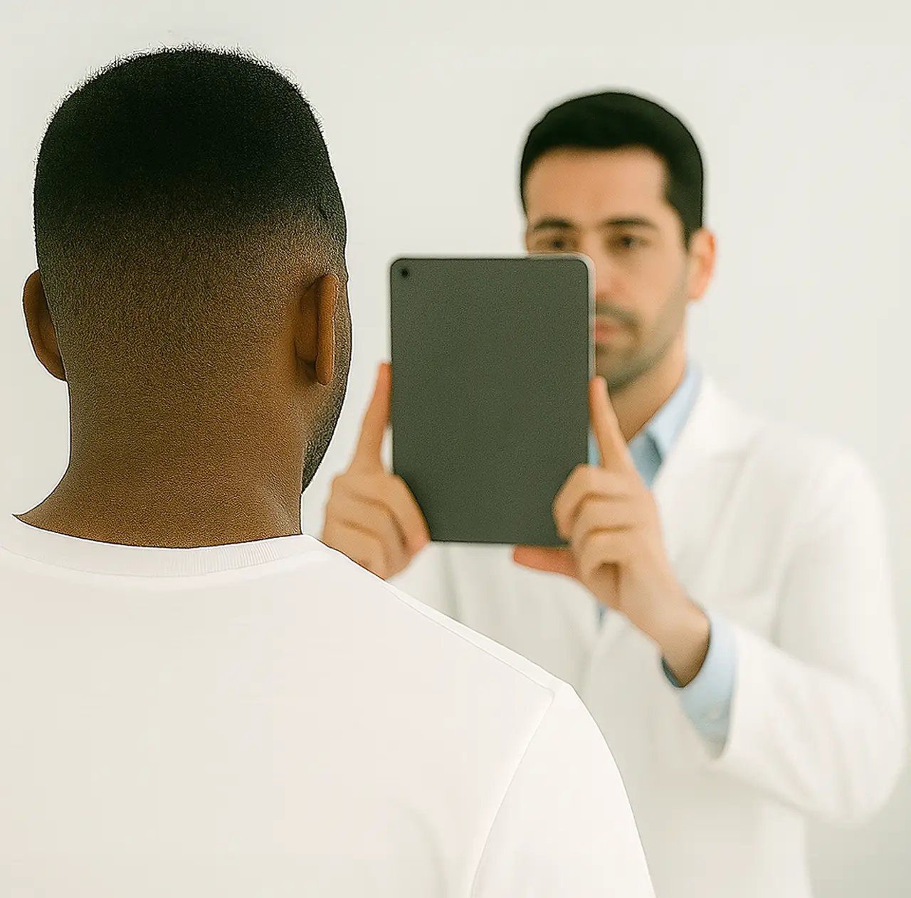 Dentist using an iPad to capture a patient photo with the Dentrino Reveal iOS dental application.